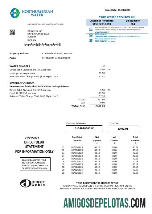 realista Modelo de conta de serviços públicos de água da Nortúmbria do Reino Unido em formatos Word e PDF, versão 2